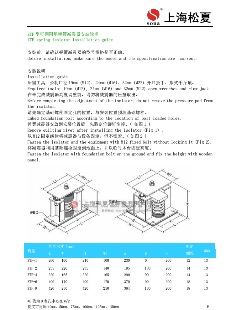 ZTF-1-200干式變壓器用阻尼彈簧減震器可調式參數(shù)表